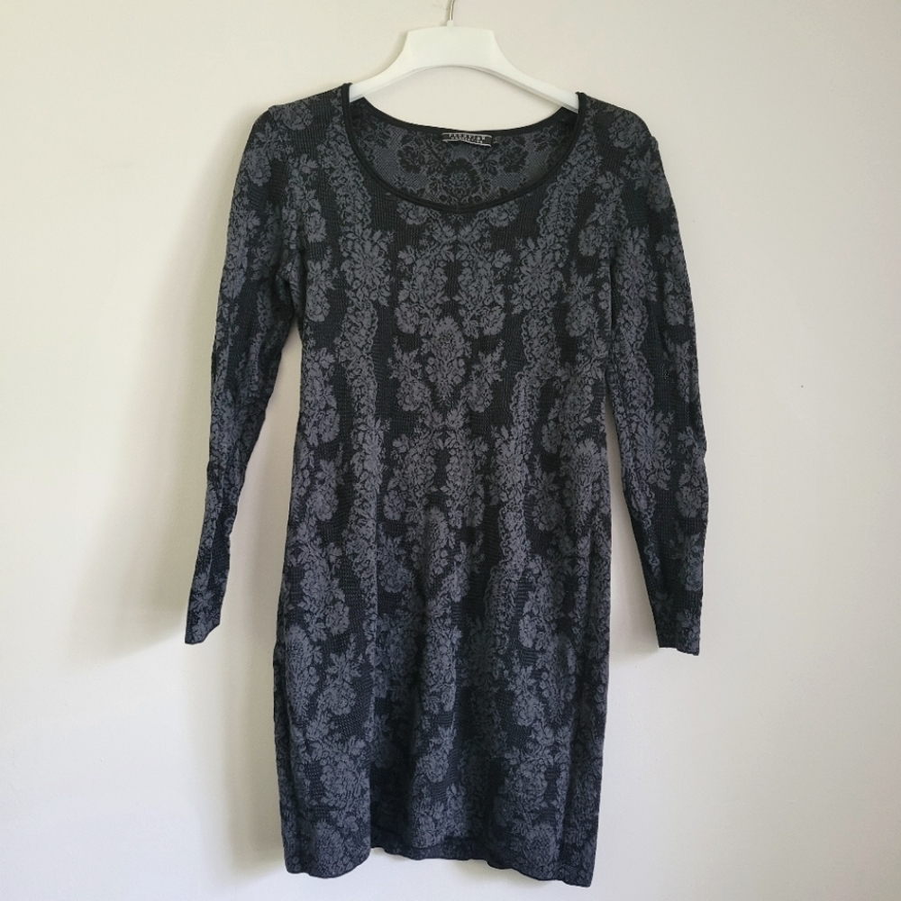 Peruvian Connection Black and Gray Long Sleeve Patterned Dress